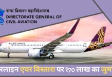 डीजीसीए ने एयरलाइन कंपनी एयर विस्तारा पर 70 लाख रुपये का जुर्माना लगाया